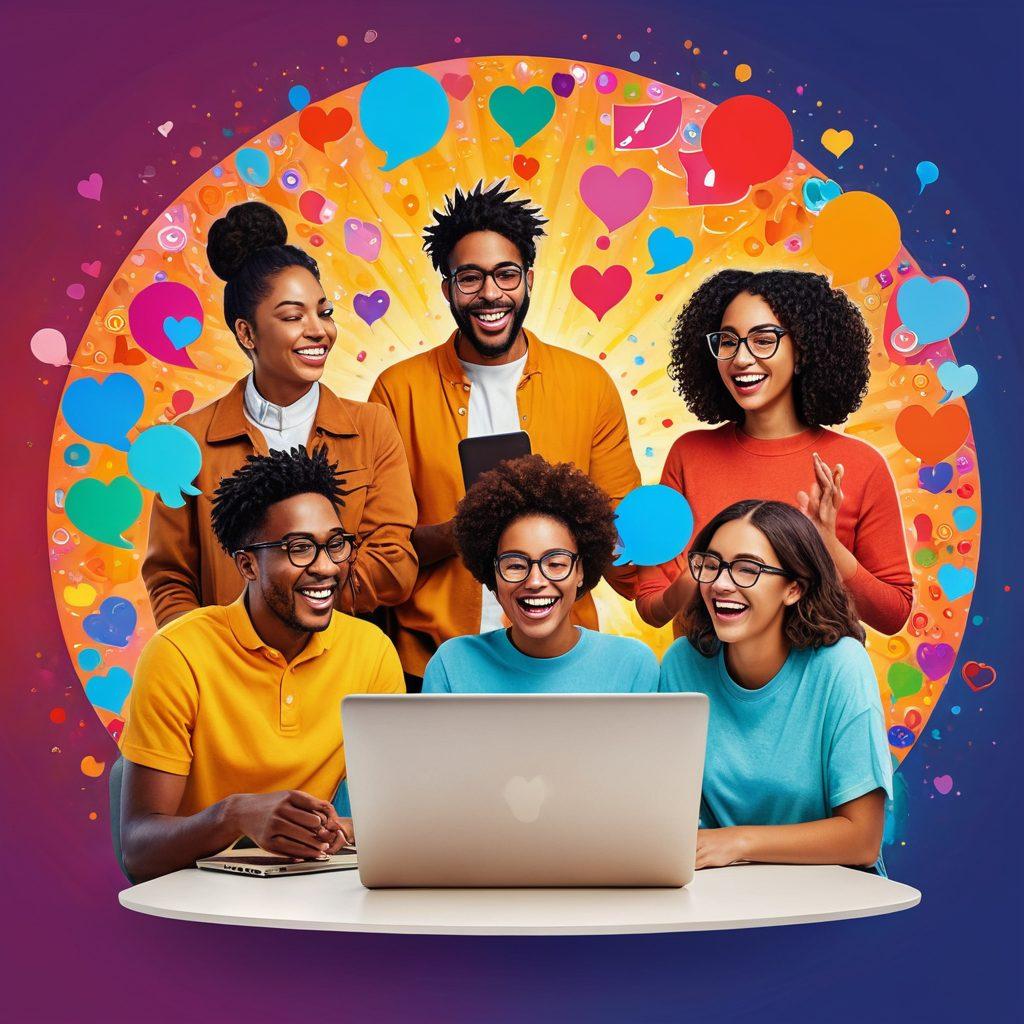 A colorful digital collage depicting diverse people engaged in enthusiastic online chatting, with heart motifs connecting their screens. The background features vibrant chat bubbles filled with emojis and symbols of friendship, representing the Bulchat community spirit. Include elements like laptops, smartphones, and headphones to emphasize the online aspect. The scene should radiate warmth and connection, invoking a sense of belonging and joy. vibrant colors. digital art.