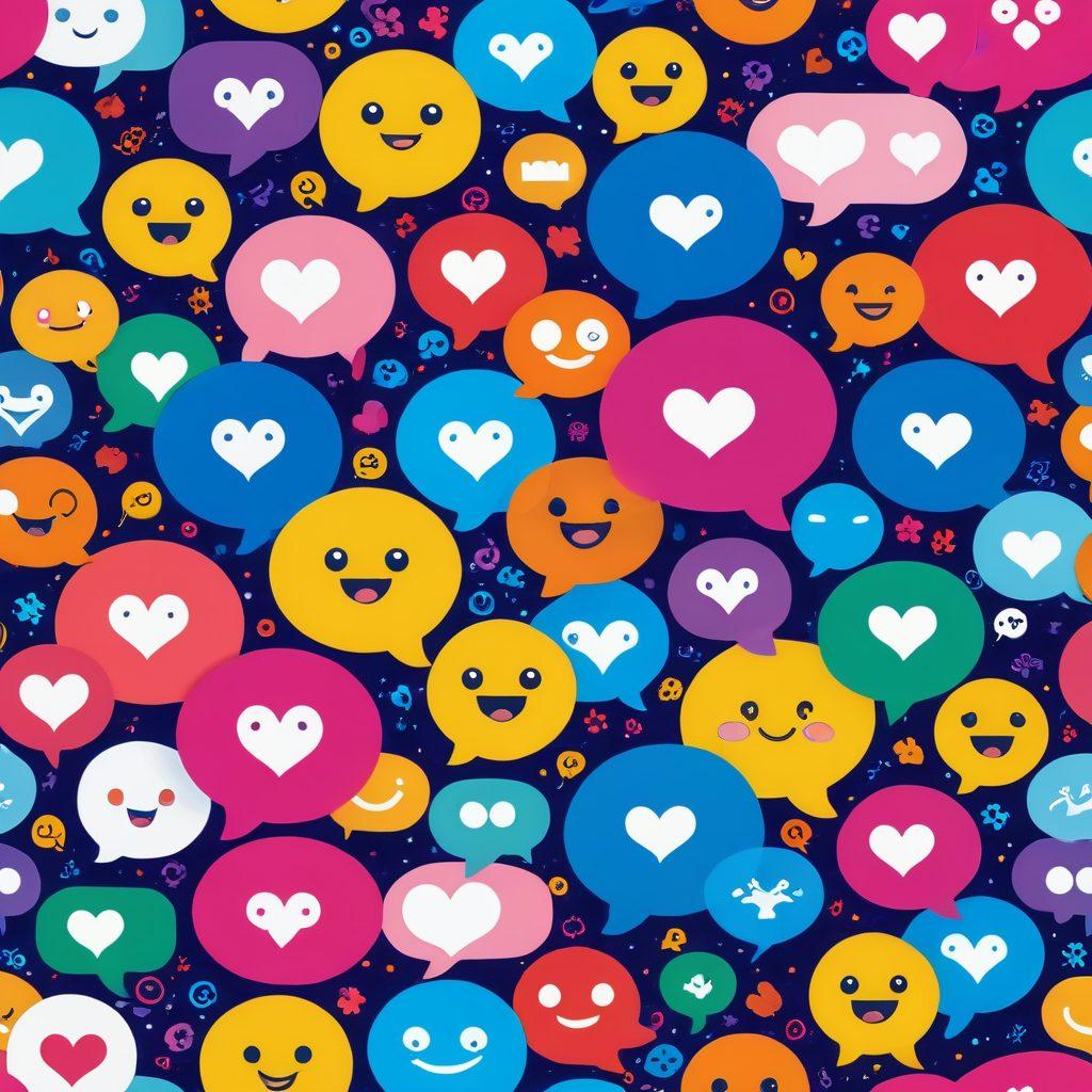 A lively digital chat room scene filled with diverse avatars engaging in animated conversations, showcasing bright and vibrant chat bubbles floating around them. The background should depict a colorful, abstract representation of connectivity and friendship, with heart icons and emoji-inspired visuals. The atmosphere should feel warm and inviting, celebrating the essence of online friendship. super-realistic. vibrant colors. 3D.