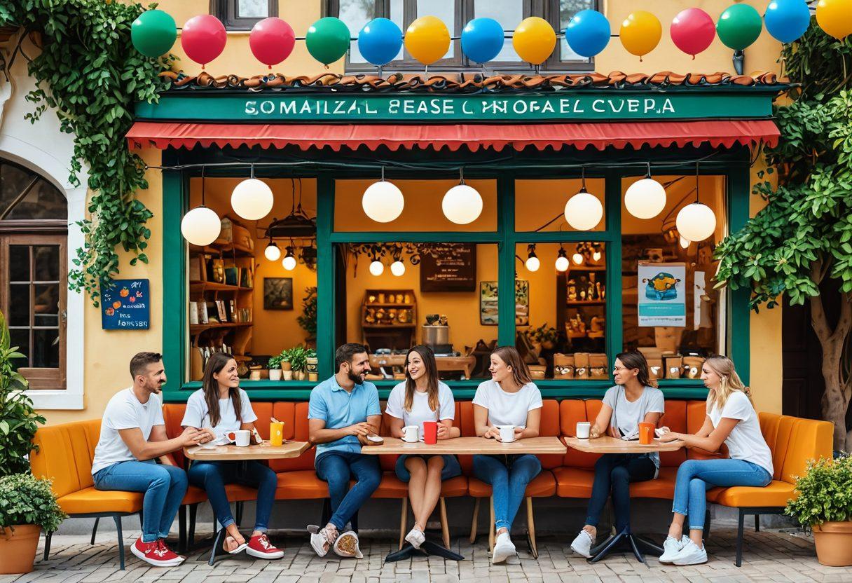 A vibrant digital illustration depicting diverse individuals chatting in a cozy coffee shop setting in Bulgaria, with colorful speech bubbles filled with emojis and heartfelt messages. The background features traditional Bulgarian architecture and lush greenery, symbolizing connection and friendship. Bright lighting enhances the warm atmosphere, inviting viewers to feel the joy of sharing moments online. pixel art. vibrant colors. 3D.